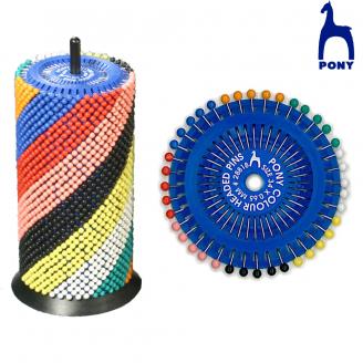Alfileres de acero con cabeza de plástico de color. Expositor de discos - PONY