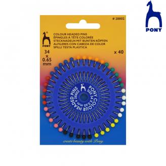 Alfileres de acero de 34 mm con cabeza de plástico. Disco sobre blíster - PONY