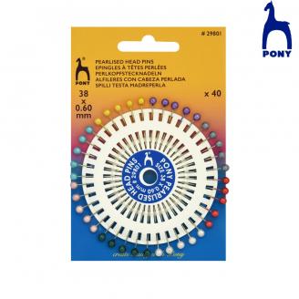 Alfileres de acero de 38 mm con cabeza perlada. Disco sobre blíster - PONY